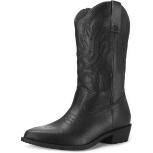 imagemysoft Womens Western Cowboy Boots Embroidered MidCalf Pointed Toe Cowgirl Boot Available for Regular and Wide CalfBlack Pu