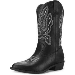 imagemysoft Womens Western Cowboy Boots Embroidered MidCalf Pointed Toe Cowgirl Boot Available for Regular and Wide CalfBlack Puwhite Embroidery