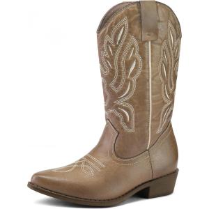 imagemysoft Womens Western Cowboy Boots Embroidered MidCalf Pointed Toe Cowgirl Boot Available for Regular and Wide CalfLight Brown