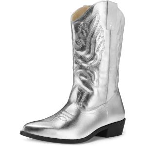 imagemysoft Womens Western Cowboy Boots Embroidered MidCalf Pointed Toe Cowgirl Boot Available for Regular and Wide CalfSilver