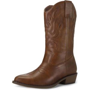 imagemysoft Womens Western Cowboy Boots Embroidered MidCalf Pointed Toe Cowgirl Boot Available for Regular and Wide CalfSolid Brown