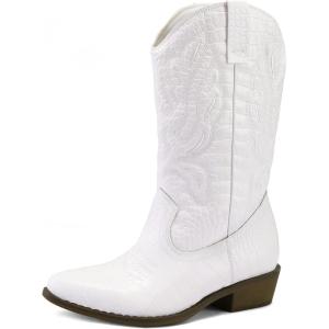 imagemysoft Womens Western Cowboy Boots Embroidered MidCalf Pointed Toe Cowgirl Boot Available for Regular and Wide CalfWhite Textured