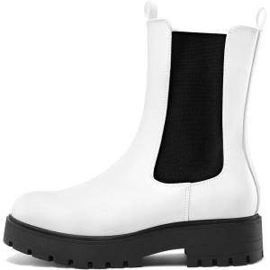 imagemysoft Womens Chelsea Boots Mid Calf Lug Sole Platform Chunky Heel Slip On Combat Fall Ankle BootiesWhite
