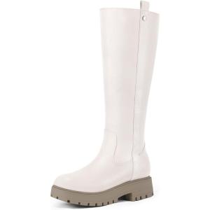 imagemysoft Womens Knee High Boots Comfortable WideCalf Lug Sole Side Zipper Platform Chunky Heel Tall Boots Fall and WinterIvory