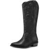 imagemysoft Womens Cowboy Boots Mid Calf Cowgirl Embroidered Western Pointed Toe Chunky Heel Pull On Knee High BootsBlack