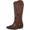 imagemysoft Womens Cowboy Boots Mid Calf Cowgirl Embroidered Western Pointed Toe Chunky Heel Pull On Knee High BootsDark Brown