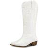 imagemysoft Womens Cowboy Boots Mid Calf Cowgirl Embroidered Western Pointed Toe Chunky Heel Pull On Knee High BootsWhite Embroidery