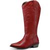 imagemysoft Womens Wide Calf Cowboy Boots Pull on Cowgirl Embroidered Mid Calf Pointed Toe Chunky Heel Western BootsRed