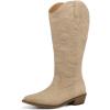 imagemysoft Womens Wide Calf Cowboy Boots Pull on Cowgirl Embroidered Mid Calf Pointed Toe Chunky Heel Western BootsTan