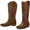 imagemysoft Womens Cowboy Boots Mid Calf Cowgirl Embroidered Western Pointed Toe Chunky Heel Pull On Knee High BootsBrown
