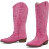 imagemysoft Womens Cowboy Boots Mid Calf Cowgirl Embroidered Western Pointed Toe Chunky Heel Pull On Knee High BootsHot Pink