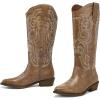 imagemysoft Womens Cowboy Boots Mid Calf Cowgirl Embroidered Western Pointed Toe Chunky Heel Pull On Knee High BootsLight Brown