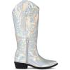 imagemysoft Womens Cowboy Boots Mid Calf Cowgirl Embroidered Western Pointed Toe Chunky Heel Pull On Knee High BootsMetallic Iridescent Silver