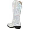 imagemysoft Womens Cowboy Boots Mid Calf Cowgirl Embroidered Western Pointed Toe Chunky Heel Pull On Knee High BootsMetallic Iridescent Silver