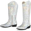 imagemysoft Womens Cowboy Boots Mid Calf Cowgirl Embroidered Western Pointed Toe Chunky Heel Pull On Knee High BootsMetallic Iridescent Silver