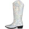 imagemysoft Womens Cowboy Boots Mid Calf Cowgirl Embroidered Western Pointed Toe Chunky Heel Pull On Knee High BootsMetallic Iridescent Silver
