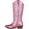 imagemysoft Womens Cowboy Boots Mid Calf Cowgirl Embroidered Western Pointed Toe Chunky Heel Pull On Knee High BootsMetallic Pink