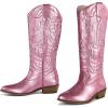 imagemysoft Womens Cowboy Boots Mid Calf Cowgirl Embroidered Western Pointed Toe Chunky Heel Pull On Knee High BootsMetallic Pink