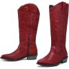 imagemysoft Womens Cowboy Boots Mid Calf Cowgirl Embroidered Western Pointed Toe Chunky Heel Pull On Knee High BootsRed