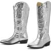 imagemysoft Womens Cowboy Boots Mid Calf Cowgirl Embroidered Western Pointed Toe Chunky Heel Pull On Knee High BootsSilver