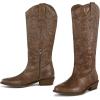 imagemysoft Womens Cowboy Boots Mid Calf Cowgirl Embroidered Western Pointed Toe Chunky Heel Pull On Knee High BootsSolid Brown