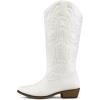imagemysoft Womens Cowboy Boots Mid Calf Cowgirl Embroidered Western Pointed Toe Chunky Heel Pull On Knee High BootsWhite