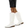 imagemysoft Womens Cowboy Boots Mid Calf Cowgirl Embroidered Western Pointed Toe Chunky Heel Pull On Knee High BootsWhite Embroidery