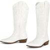 imagemysoft Womens Cowboy Boots Mid Calf Cowgirl Embroidered Western Pointed Toe Chunky Heel Pull On Knee High BootsWhite Embroidery
