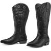imagemysoft Womens Wide Calf Cowboy Boots Pull on Cowgirl Embroidered Mid Calf Pointed Toe Chunky Heel Western BootsBlack