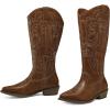 imagemysoft Womens Wide Calf Cowboy Boots Pull on Cowgirl Embroidered Mid Calf Pointed Toe Chunky Heel Western BootsBrown