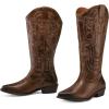 imagemysoft Womens Wide Calf Cowboy Boots Pull on Cowgirl Embroidered Mid Calf Pointed Toe Chunky Heel Western BootsDark Brown