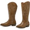 imagemysoft Womens Wide Calf Cowboy Boots Pull on Cowgirl Embroidered Mid Calf Pointed Toe Chunky Heel Western BootsLight Brown