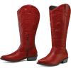 imagemysoft Womens Wide Calf Cowboy Boots Pull on Cowgirl Embroidered Mid Calf Pointed Toe Chunky Heel Western BootsRed