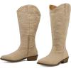 imagemysoft Womens Wide Calf Cowboy Boots Pull on Cowgirl Embroidered Mid Calf Pointed Toe Chunky Heel Western BootsTan