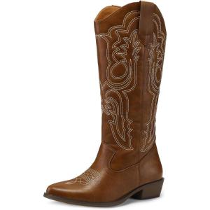 imagemysoft Womens Cowboy Boots Mid Calf Cowgirl Embroidered Western Pointed Toe Chunky Heel Pull On Knee High BootsBrown