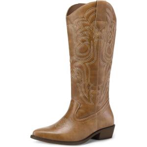 imagemysoft Womens Cowboy Boots Mid Calf Cowgirl Embroidered Western Pointed Toe Chunky Heel Pull On Knee High BootsBrown Embroidery