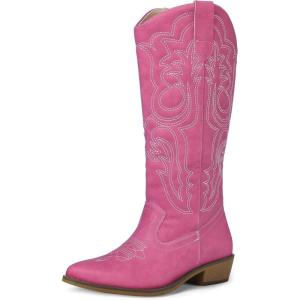 imagemysoft Womens Cowboy Boots Mid Calf Cowgirl Embroidered Western Pointed Toe Chunky Heel Pull On Knee High BootsHot Pink