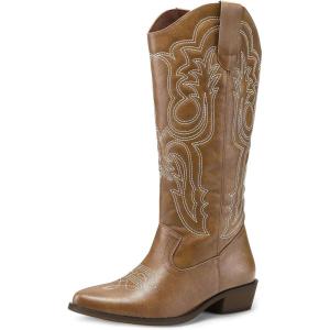 imagemysoft Womens Cowboy Boots Mid Calf Cowgirl Embroidered Western Pointed Toe Chunky Heel Pull On Knee High BootsLight Brown