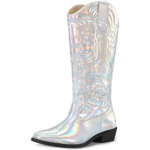 imagemysoft Womens Cowboy Boots Mid Calf Cowgirl Embroidered Western Pointed Toe Chunky Heel Pull On Knee High BootsMetallic Iridescent Silver
