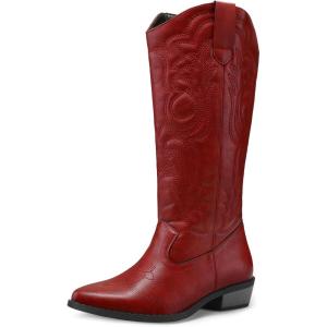imagemysoft Womens Cowboy Boots Mid Calf Cowgirl Embroidered Western Pointed Toe Chunky Heel Pull On Knee High BootsRed