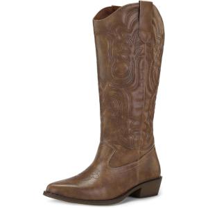imagemysoft Womens Cowboy Boots Mid Calf Cowgirl Embroidered Western Pointed Toe Chunky Heel Pull On Knee High BootsSolid Brown