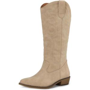 imagemysoft Womens Cowboy Boots Mid Calf Cowgirl Embroidered Western Pointed Toe Chunky Heel Pull On Knee High BootsTan