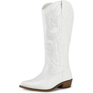 imagemysoft Womens Cowboy Boots Mid Calf Cowgirl Embroidered Western Pointed Toe Chunky Heel Pull On Knee High BootsWhite