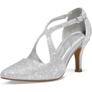 imagemysoft Womens Dress Shoes Closed Toe 3 Inch Heels Cross Strap Stiletto Pumps Wedding Prom Party Evening Formal ShoesSilver