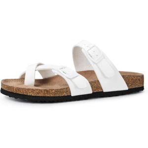 imagemysoft Womens Cork Footbed Sandals Double Adjustable Buckle Slide Sandals Slip On Walking Summer ShoesWhite