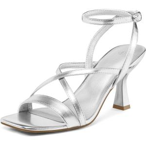 imagemysoft Womens Strappy Stiletto Heels Open Square Toe Ankle Strap Dress Shoes 3 Inch Kitten Heeled SandalsCrosssilver Pu