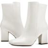 imagemysoft Womens Ankle Boots Square Toe Side Zipper GoGo Boots Chunky Block Heel Mid Calf Low Heeled Short BootiesWhite Pu