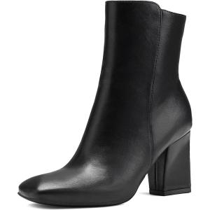 imagemysoft Womens Ankle Boots Square Toe Side Zipper GoGo Boots Chunky Block Heel Mid Calf Low Heeled Short BootiesBlack Pu