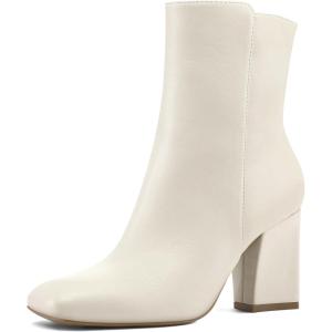 imagemysoft Womens Ankle Boots Square Toe Side Zipper GoGo Boots Chunky Block Heel Mid Calf Low Heeled Short BootiesCream Pu