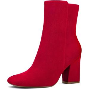 imagemysoft Womens Ankle Boots Square Toe Side Zipper GoGo Boots Chunky Block Heel Mid Calf Low Heeled Short BootiesRed
